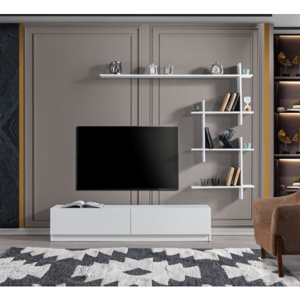 طاولة تلفزيون اهينر جينجر إلم كوڤ خشبية مع رف جداري أبيض - 160x14x130 سم