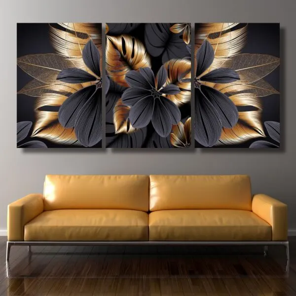 لوحة جدارية فنية بتصميم ورود بلون رمادي - ثلاث قطع - مقاس 120x60 سم