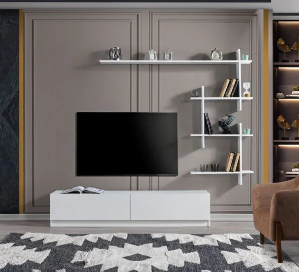 طاولة تلفزيون اهينر جينجر إلم كوڤ خشبية مع رف جداري أبيض - 160x14x130 سم