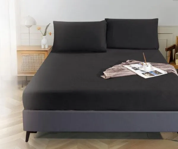 شرشف مفرد مخمل ساده مطاط مع غطاء مخدة اسود