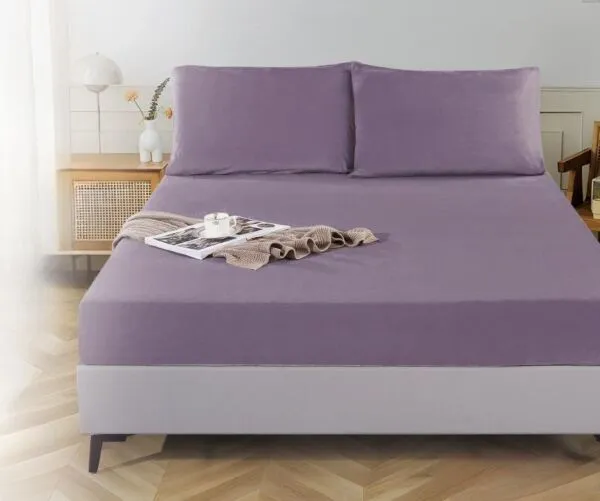 شرشف مفرد مخمل ساده مطاط مع غطاء مخدة موف فاتح