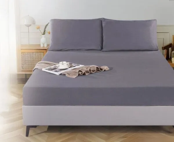 شرشف مفرد مخمل ساده مطاط مع غطاء مخدة رصاصي