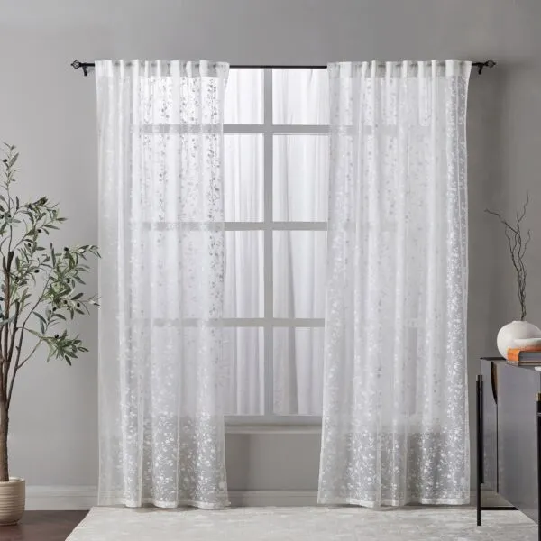 طقم ستائر شفافة زهرية قطعتين - 135x300 سم