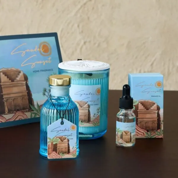 مجموعة هدايا موزع عطور وزيت عطري وشمعة صندل صن سيت - ديزرت إليجانس