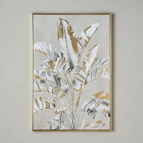 زينة حائط كانفاس مؤطرة بتصميم أوراق شجر ذهبية - 83x123 سم