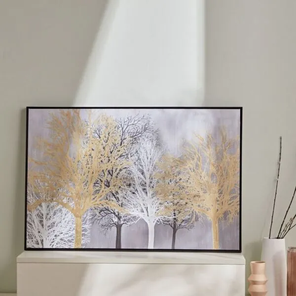 زينة حائط كانفاس مؤطرة بطبعات أشجار ميتاليك - 120x80 سم