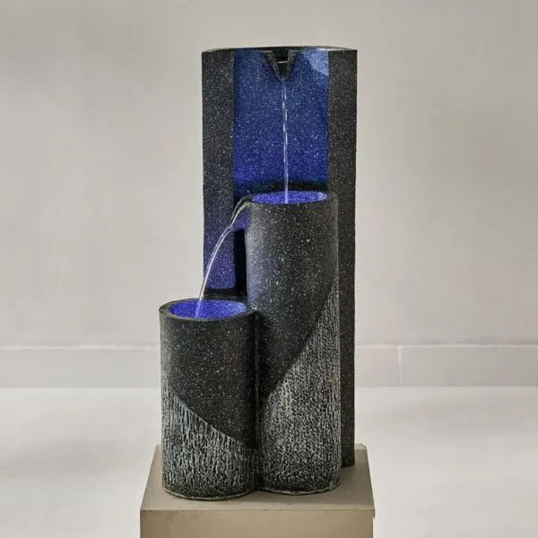 نافورة بـ3 أوعية وتشطيب حجري مع إضاءة ليد من أديل - 31x24x60 سم