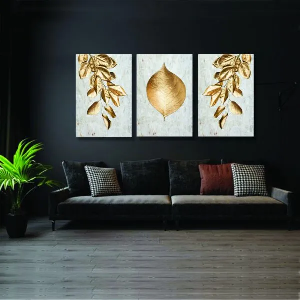 لوحة جدارية فنية بتصميم تجريدي أوراق ذهبية - ثلاث قطع - مقاس 120x60 سم