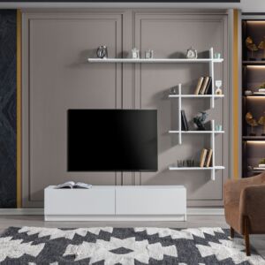 طاولة تلفزيون اهينر جينجر إلم كوڤ خشبية مع رف جداري أبيض - 160x14x130 سم